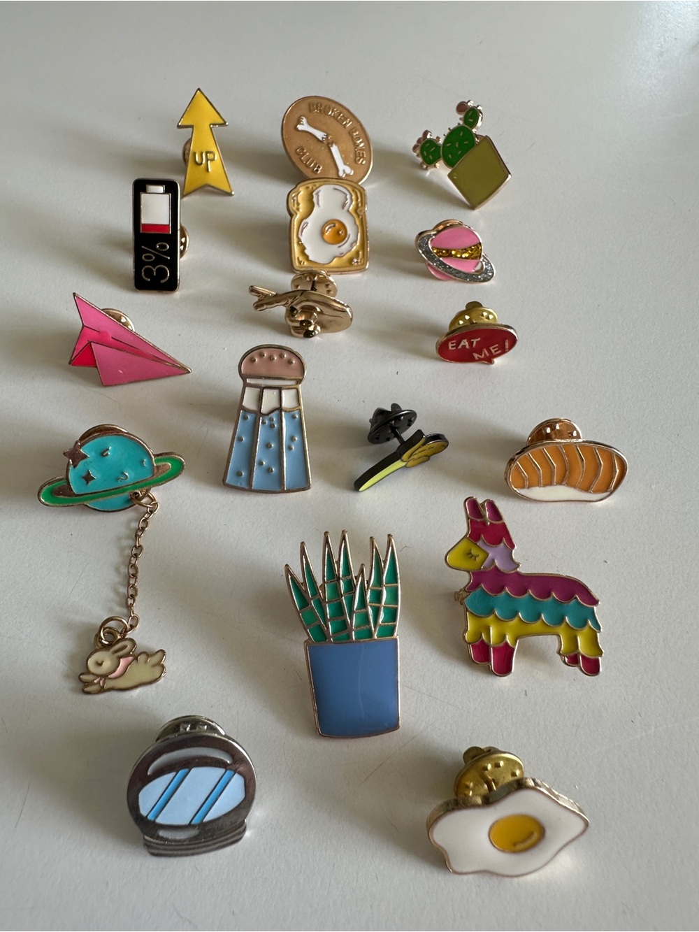 Enamel Pin Set Bundle Colorful Planet, Cactus, Piñata, Salt shaker, Paper Plane